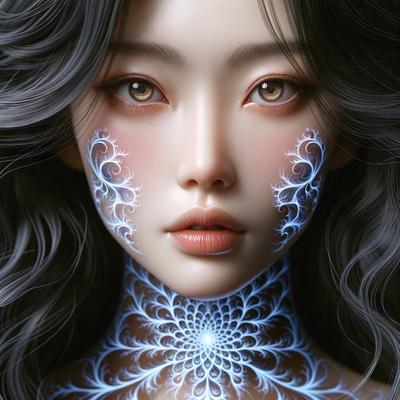 The primary subject of the image is a woman with a blue and white face paint design. She has a blue and white pattern on her face, which gives her a unique and artistic appearance. The setting is a close-up of her face, and the visual style is a digital art or illustration. The colors and mood of the image are vibrant and creative, with the blue and white design adding a touch of whimsy to the overall atmosphere.